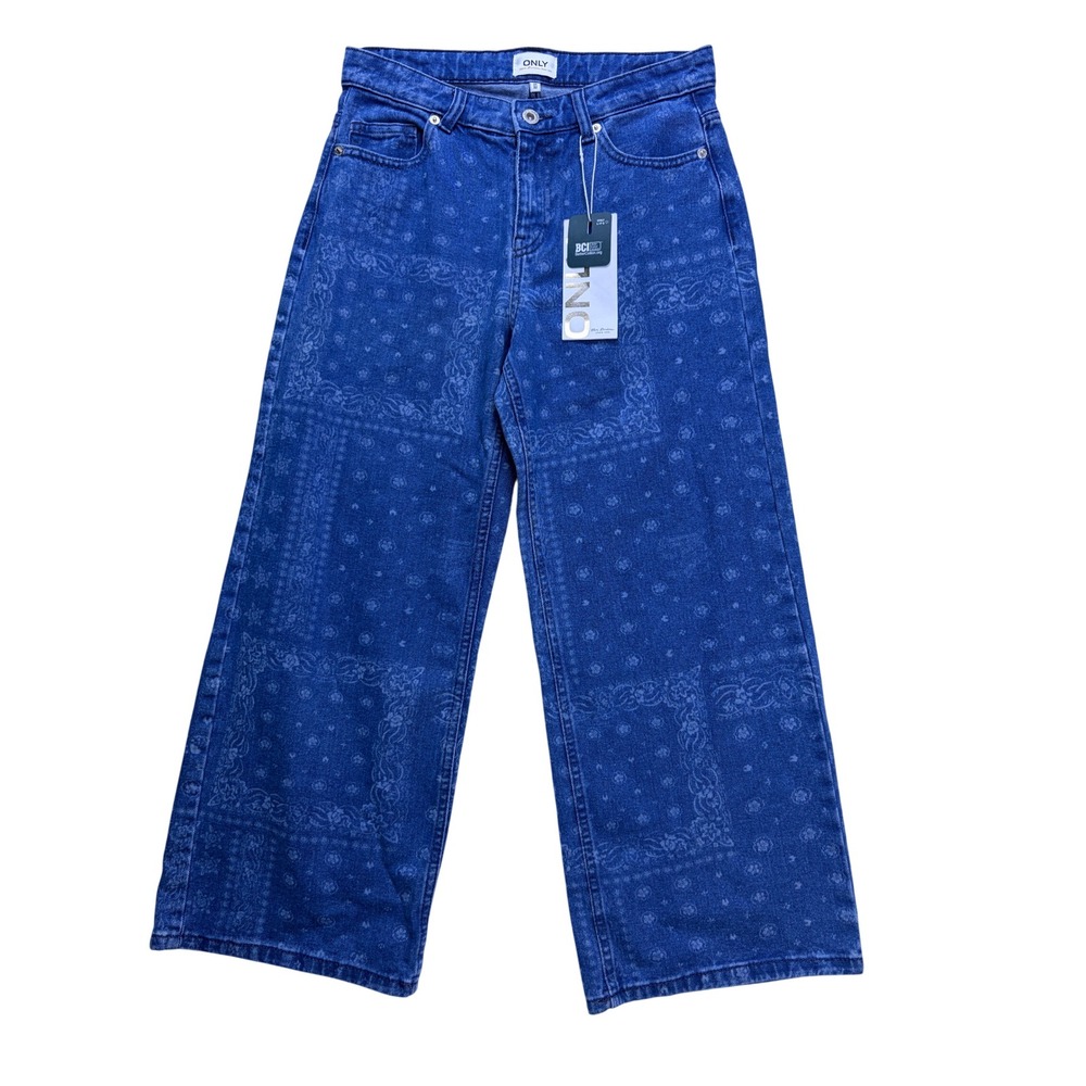 ONLY Wide Leg Jeans Women 26 Blue Bandana Print High Waist Sonny Denim